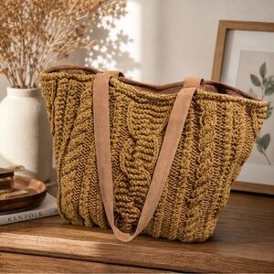 Panache Apparel Knit Tote Bag – Brown Cable Knit & Canvas Interior